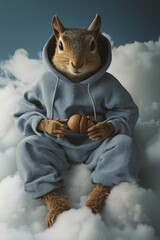 Squirrel in Oversized Hoodie and Joggers on Clouds