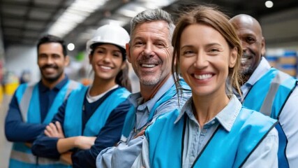 Warehouse Crew Confidence: A smiling diverse warehouse team stands together, exemplifying unity, confidence, and industry expertise in a bright and professional atmosphere. - Powered by Adobe