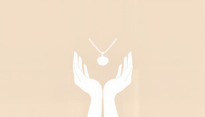 Hands holding necklace in soft light against beige background  