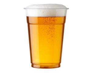 Clear plastic cup filled with golden beer and frothy head, front view isolated on transparent background PNG