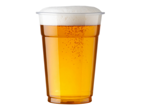 Clear plastic cup filled with golden beer and frothy head, front view isolated on transparent background PNG