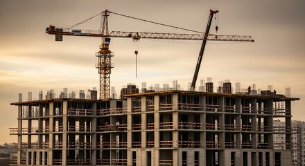 Construction crane over a partially completed apartment building at sunset.