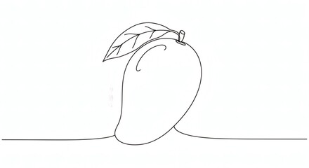 Minimalist Line Drawing of Ripe Mango with Leaf – Elegant Black Outline on White Background, Modern Botanical Illustration for Packaging, Kitchen Decor, or Educational Material