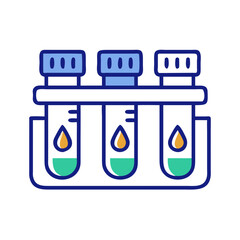 Flat outlined vector of three laboratory test tubes with colored liquid samples in a stand, representing scientific analysis, medical diagnostics, and research  
