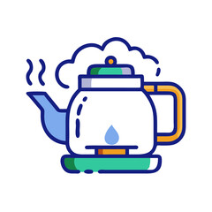 Obraz premium Outlined vector of a boiling kettle with steam rising, symbolizing hot beverage preparation, kitchen activity, and warmth in minimalist flat style 