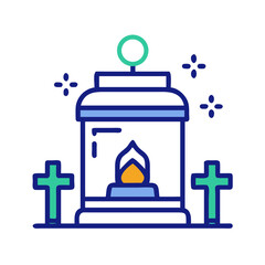 Obraz premium Stylized crematorium building with a visible flame and two crosses, representing funeral services, cremation rituals, and memorial symbolism in flat line style 