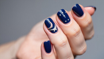 Stylish blue nail art with stars and crescent moon design  