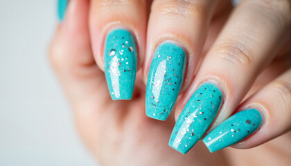 Woman's hand showing turquoise nail art with glitter accents  