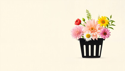 Colorful flowers arranged in black basket on soft background  