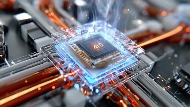 Digital Innovation: A high-tech depiction of a microchip, pulsing with digital activity, symbolizing advanced processing capabilities and technological advancement.