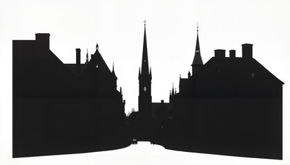 Naklejka premium Silhouette of gothic buildings with spires against a white background 