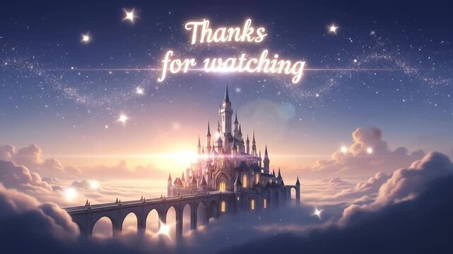 Magical castle in the sky with a bridge and twinkling stars creates a fantasy dreamscape end screen
