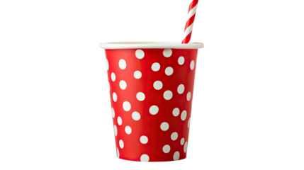 Red cup with white polka dots and striped straw isolated on white background
