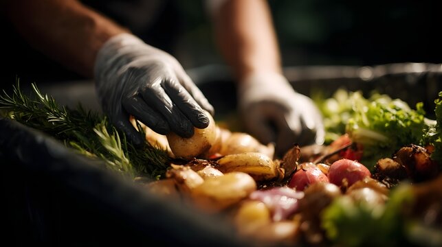 Gloved hands placing food waste into compost bin