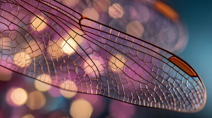 Close up of a Pink Dragonfly Wing with a Bokeh Background