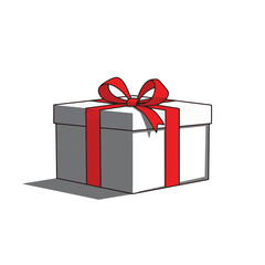 Minimalist gift box with red ribbon on white background, holiday spirit