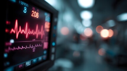 Fototapeta premium Hospital monitor displaying vital signs in ICU setting