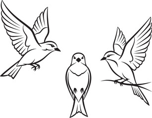 Fototapeta premium Three Stylized Birds in Motion and Rest – Black and White Illustration