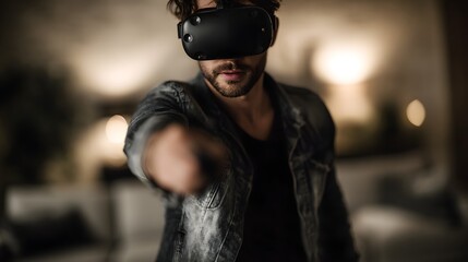 Man using VR headset in modern living room