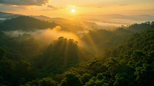 Witness a breathtaking sunrise over a misty rainforest canopy from an aerial perspective, highlighting the importance of nature conservation, perfect for 4k footage.