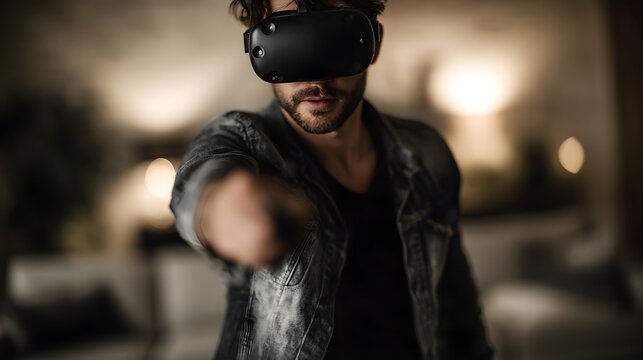 Man using VR headset in modern living room