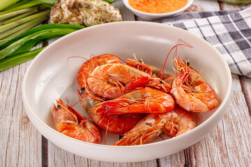 Delicous boiled tiger prawn with sauce