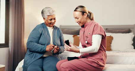 Nurse, blood test and medical with old woman in bedroom for diabetes, advice and support....