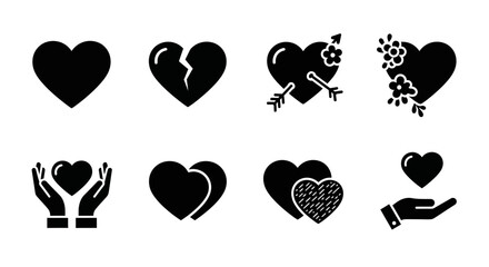 Heart Icon Set: A collection of eight distinct heart icons, symbolizing love, heartbreak, care, and unity, perfect for Valentine's Day, romantic designs, or expressing emotions.