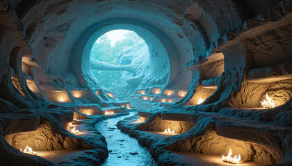 Cave interior with glowing candles and a path leading outdoors  ,fantazy