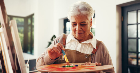 Senior woman, home and painting with color for creative self expression, talent or art. Retirement...