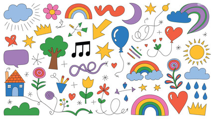Colorful Doodle Pattern with Rainbows Flowers Stars and Arrows on White