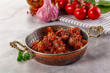 Roasted chicken hearts with vegetables