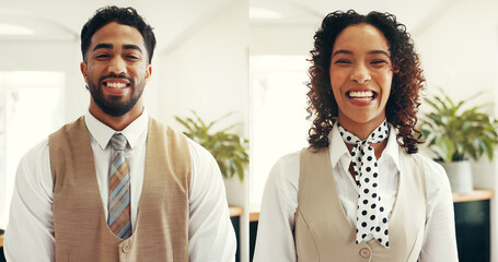 Hospitality, portrait collage and people at hotel lobby for customer service, welcome or luxury...