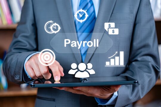 Businessman managing payroll system on a laptop, with floating icons representing financial management, salary payments, tax calculation, and digital payment solutions for business operations.