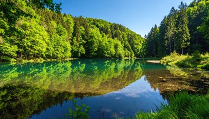 Serene lake nestled in lush forest