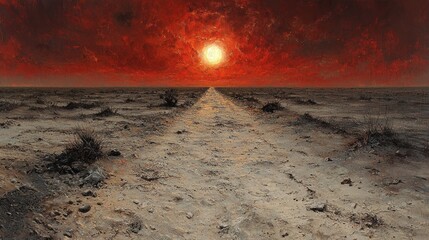Desolate Landscape A sun-drenched path disappearing into a barren, red-hued horizon under a fiery sunset sky