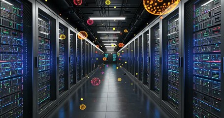 Animated visualization of data flow in a modern server room with floating data particles, creating - Powered by Adobe