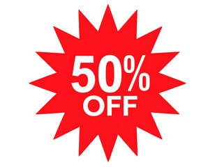 Red  50 off starburst discount label isolated on transparent background  