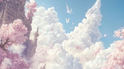 Naklejka premium Ethereal Pink Sakura Blossoms Enchant Ancient Ruins in Dreamlike Cloudscape