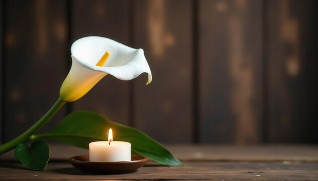Single white calla lily, lit candle, rustic wood background; sympathy card space , copy space, dark wood