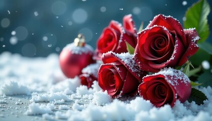 Velvet red roses amidst frosted ornaments on snowy backdrop , decoration, red, luxury