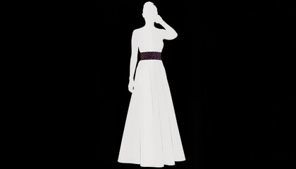 Elegant white dress on mannequin with purple sash against black background  