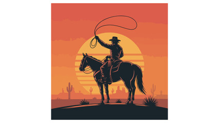 Fototapeta premium Cowboy on Horseback at Sunset – Retro Wild West Silhouette Art