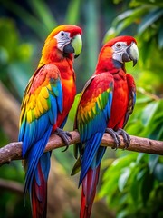 Fototapeta premium Two parrots are perched on a branch