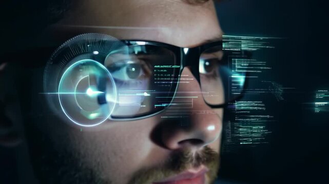Close-up of a male programmer's eyes with eyeglasses in front of computer monitor. A close-up portrait of the programmer's eyes illustrates his dedication and focus in the tech industry.
