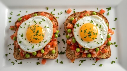 High resolution closeup photo of two slices of toasted bread topped with sunny side up eggs, fresh diced tomato, green peas and herbs on a white plate, perfect for breakfast food backgrounds

