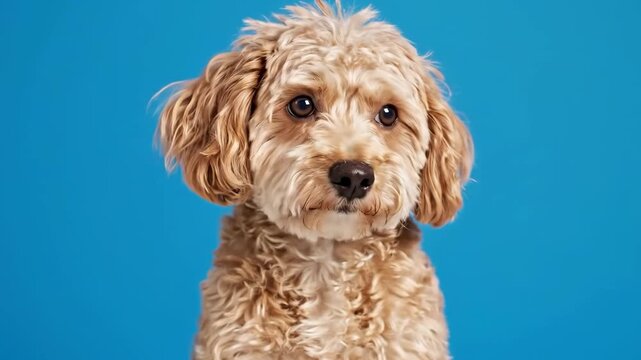 maltese puppy, Portrait of a Cute Cockapoo Dog on Blue Background, Close-up of a charming cockapoo's expressive face, framed against a cheerful blue