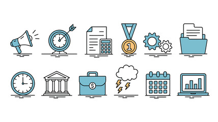Business and Finance Icon Set with Target Document and Medal