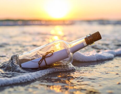 A message in a bottle floating on the ocean at sunset. A romantic and hopeful concept of communication and destiny.