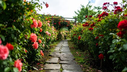 A beautiful pathway in a romantic rose garden in the morning. A peaceful and floral nature background